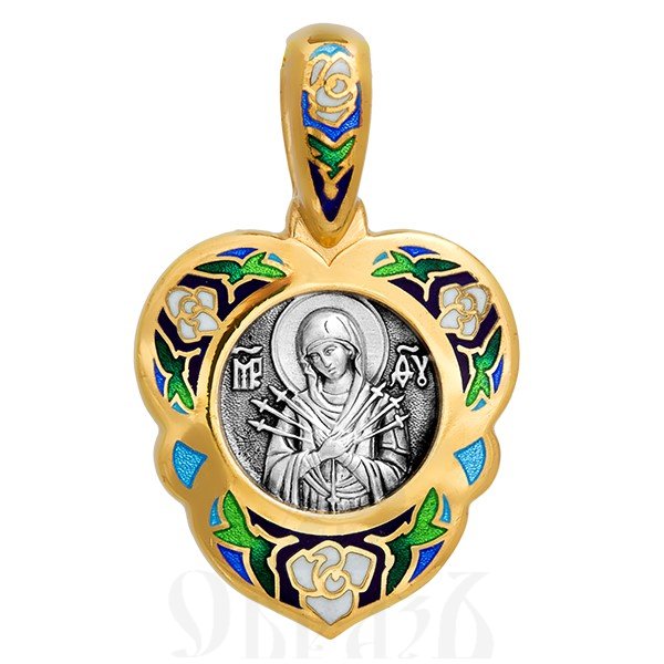 образок «икона божией матери «семистрельная», серебро 925 проба с золочением и эмалью (арт. 103.217)